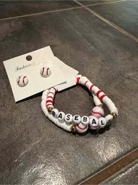 Boutique 9 White and Red Baseball Bead Bracelet and earrings